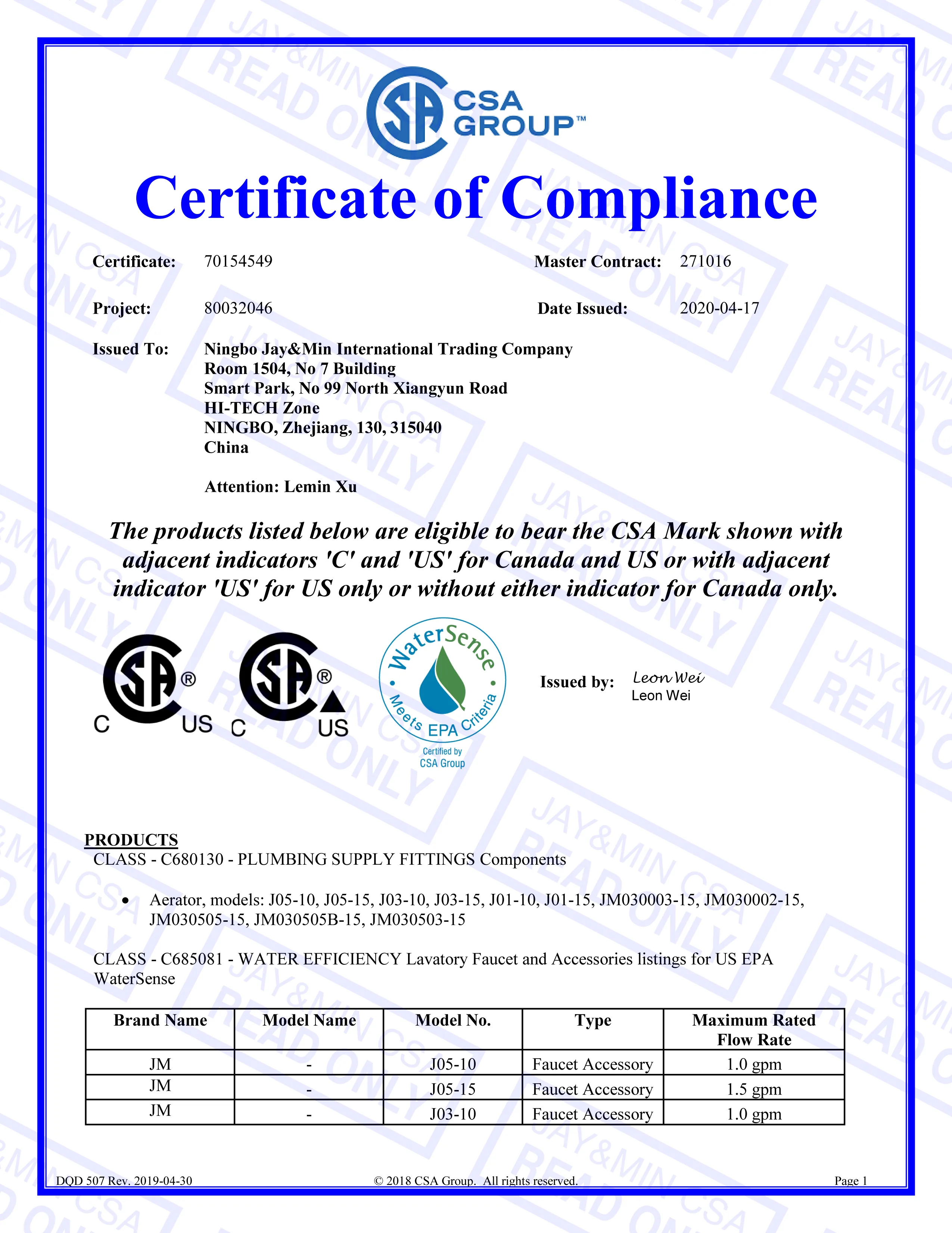 First page of CSA Group WaterSense certificate 70154549