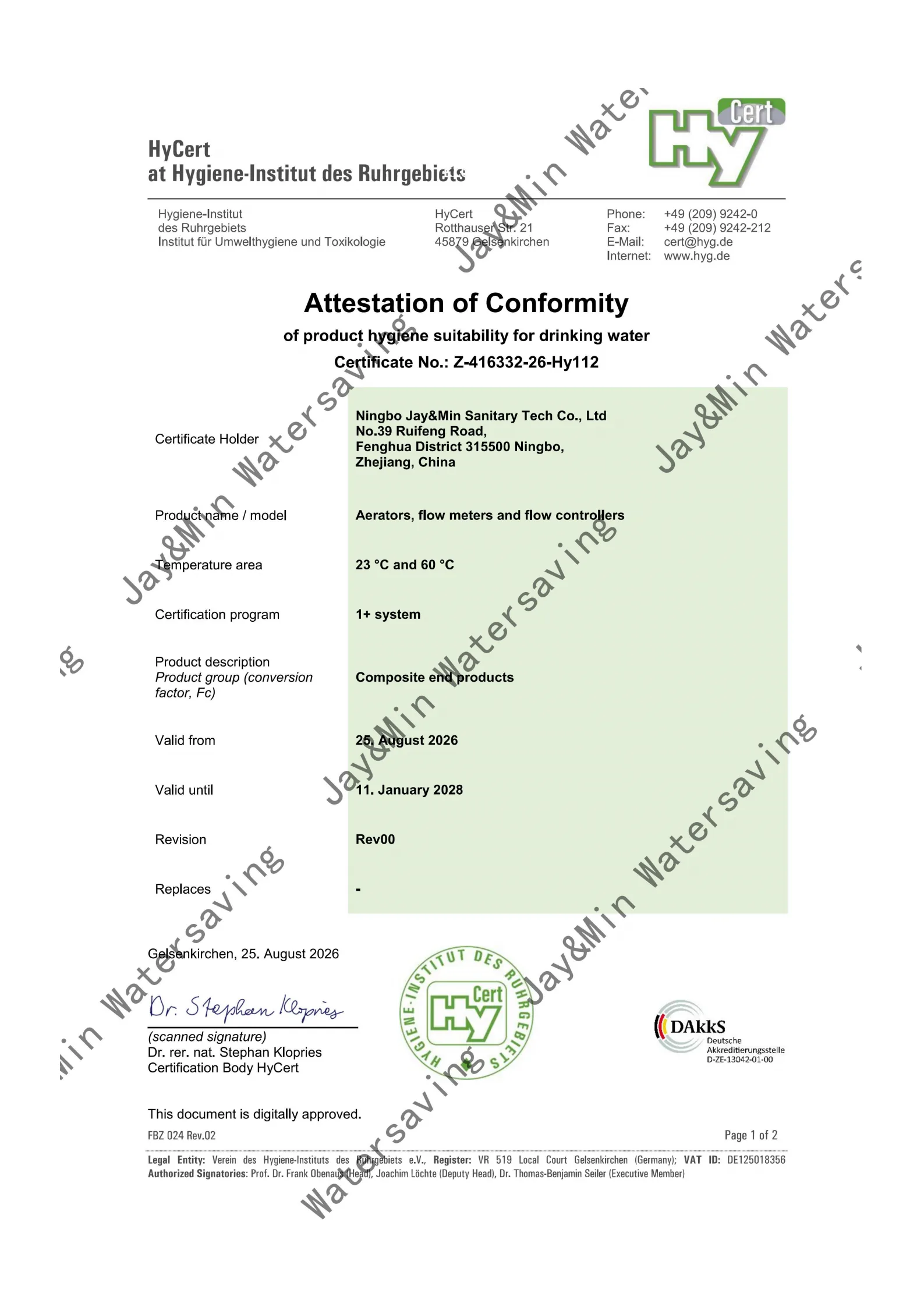 First page of HyCert drinking-water hygiene attestation