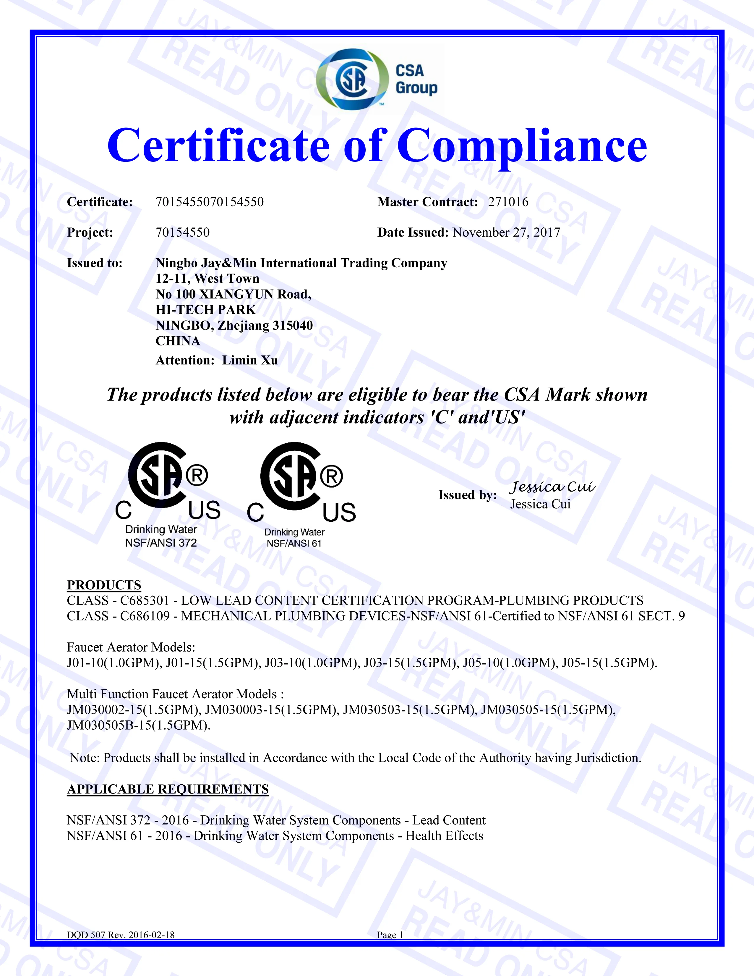 CSA Group NSF ANSI 61 and 372 certificate 70154550