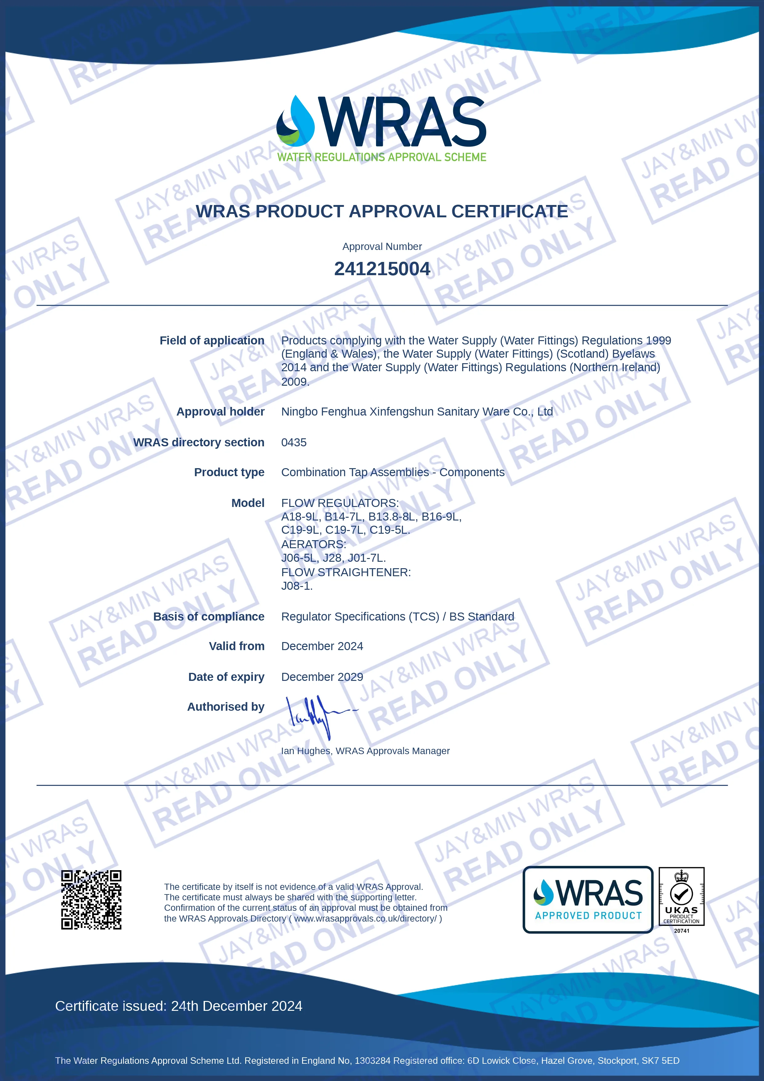 WRAS approval certificate naming Ningbo Fenghua Xinfengshun as holder