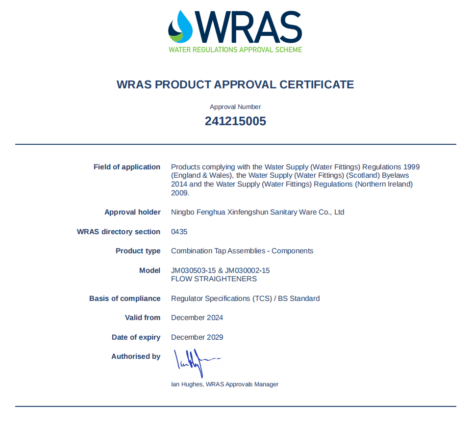 WRAS certificate 241215005 for JM030503-15 and JM030002-15