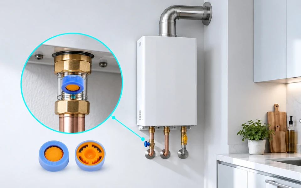 Gas water heater with an enlarged view of the MB1380 water-side inlet component