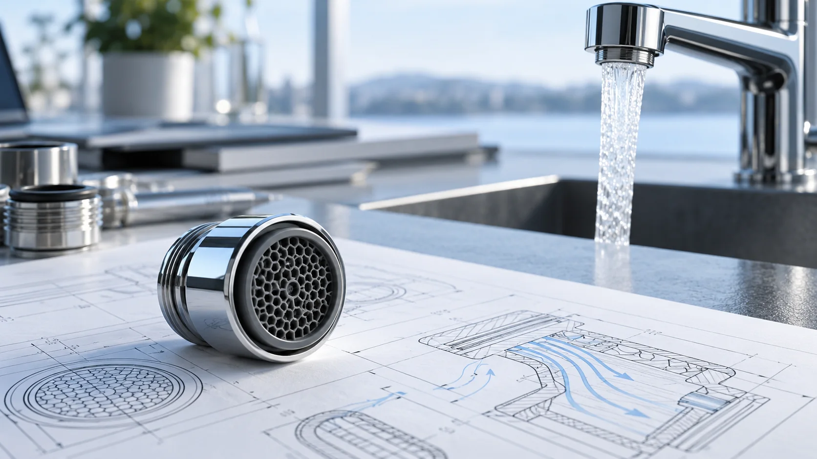 Illustration of a faucet aerator beside an engineering drawing and flowing faucet
