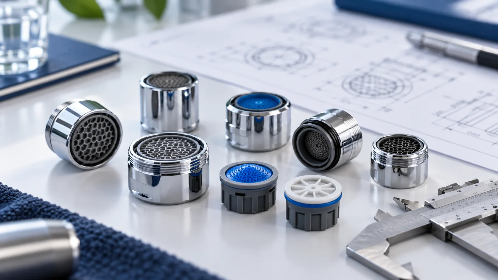 Illustrative faucet aerator and flow-control components on an engineering workbench