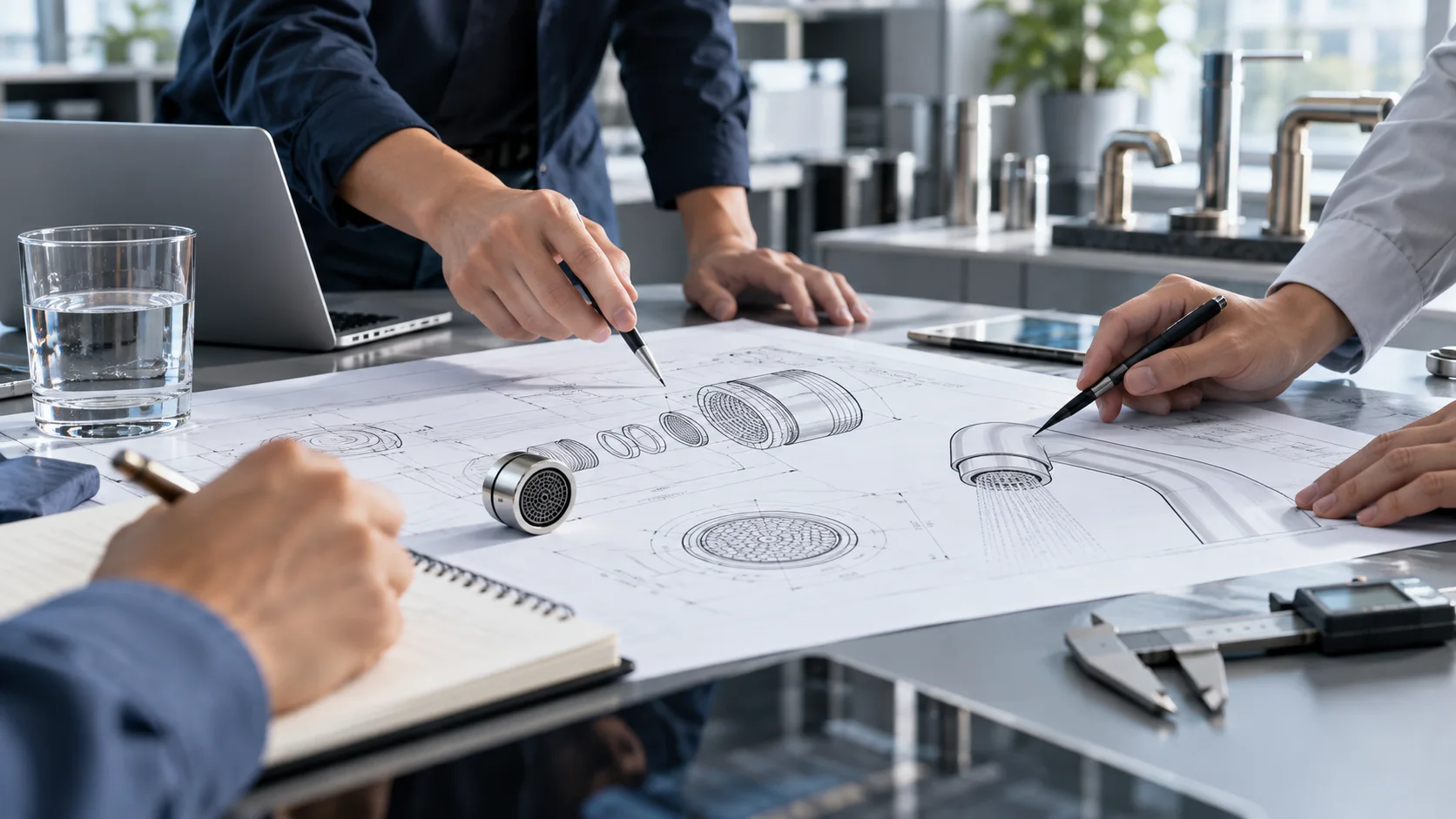 Illustration of engineers discussing a faucet aerator design