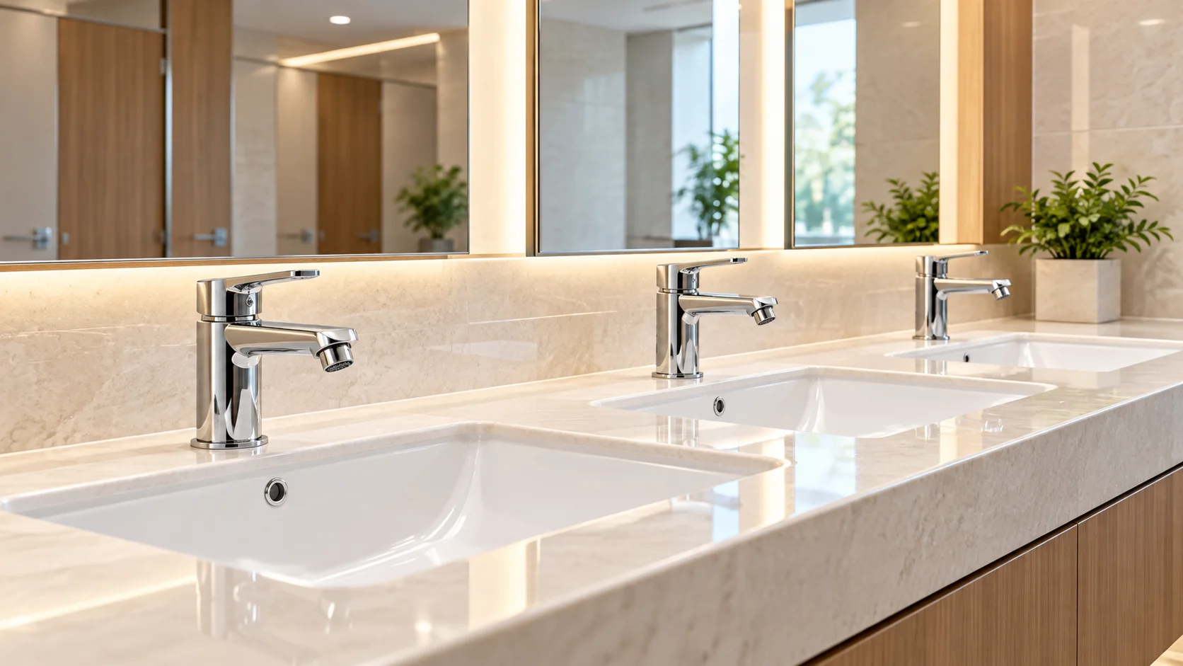 Illustration of multiple basin faucets in a commercial building