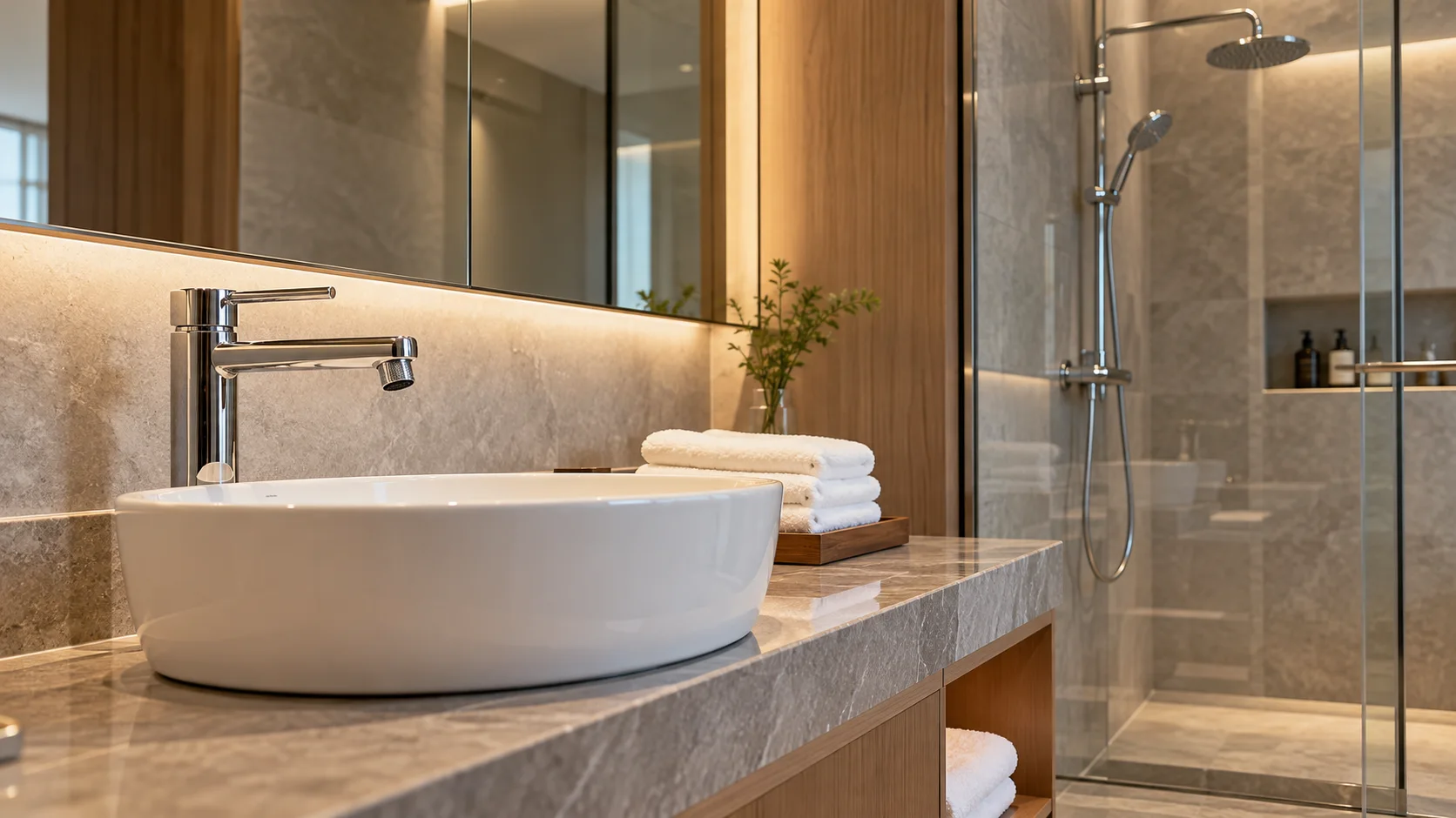 Illustration of a hotel guestroom basin and shower configuration